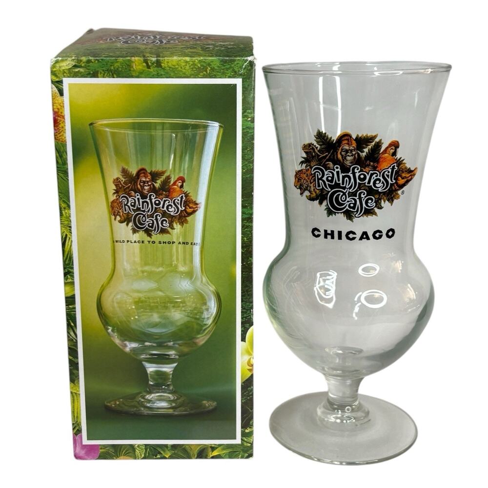 BRAND NEW Rainforest Cafe CHICAGO (CLOSED) Collectible Hurricane Glass IN BOX
